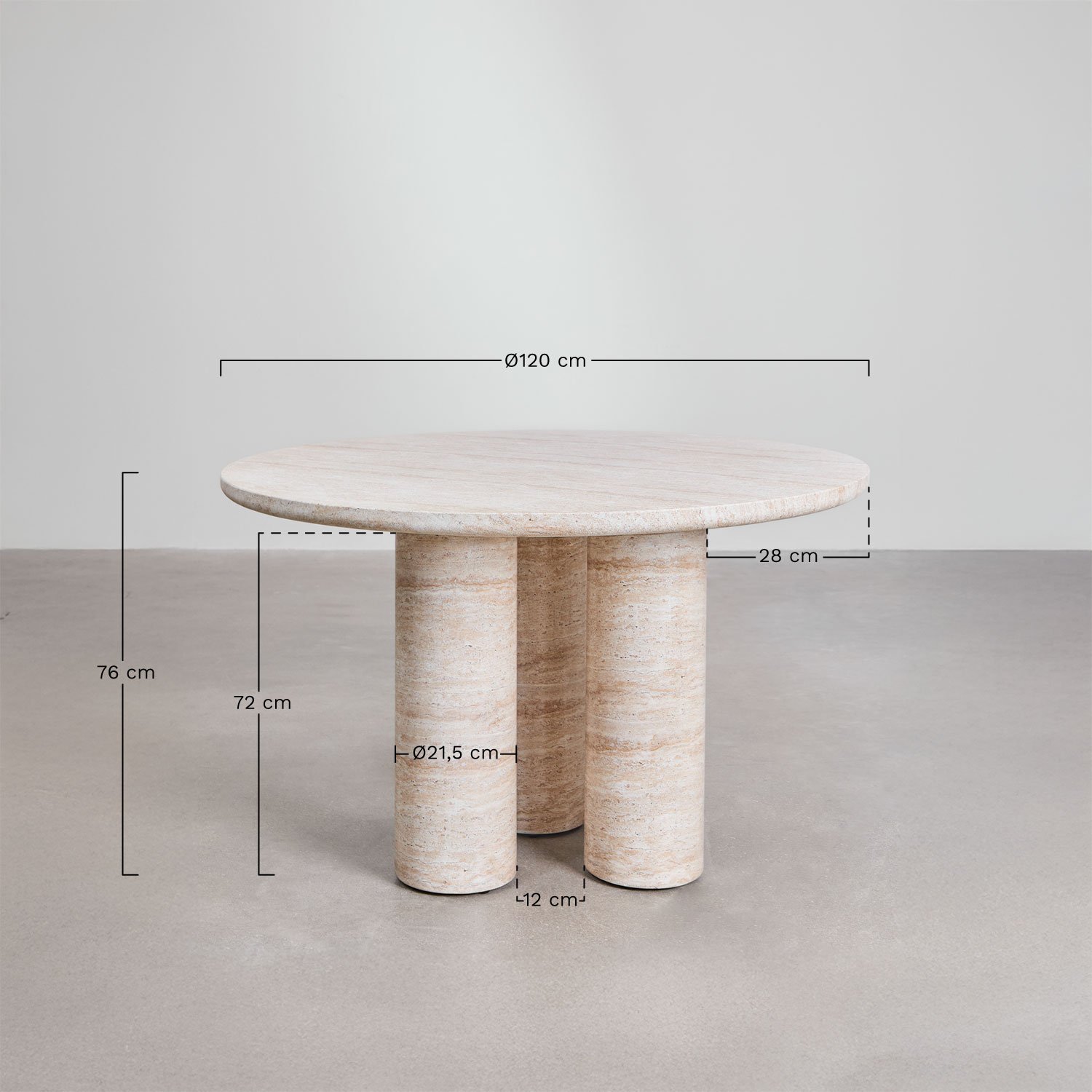 Table de jardin ronde Ø120 cm aspect ciment travertin Lourdes, mesures