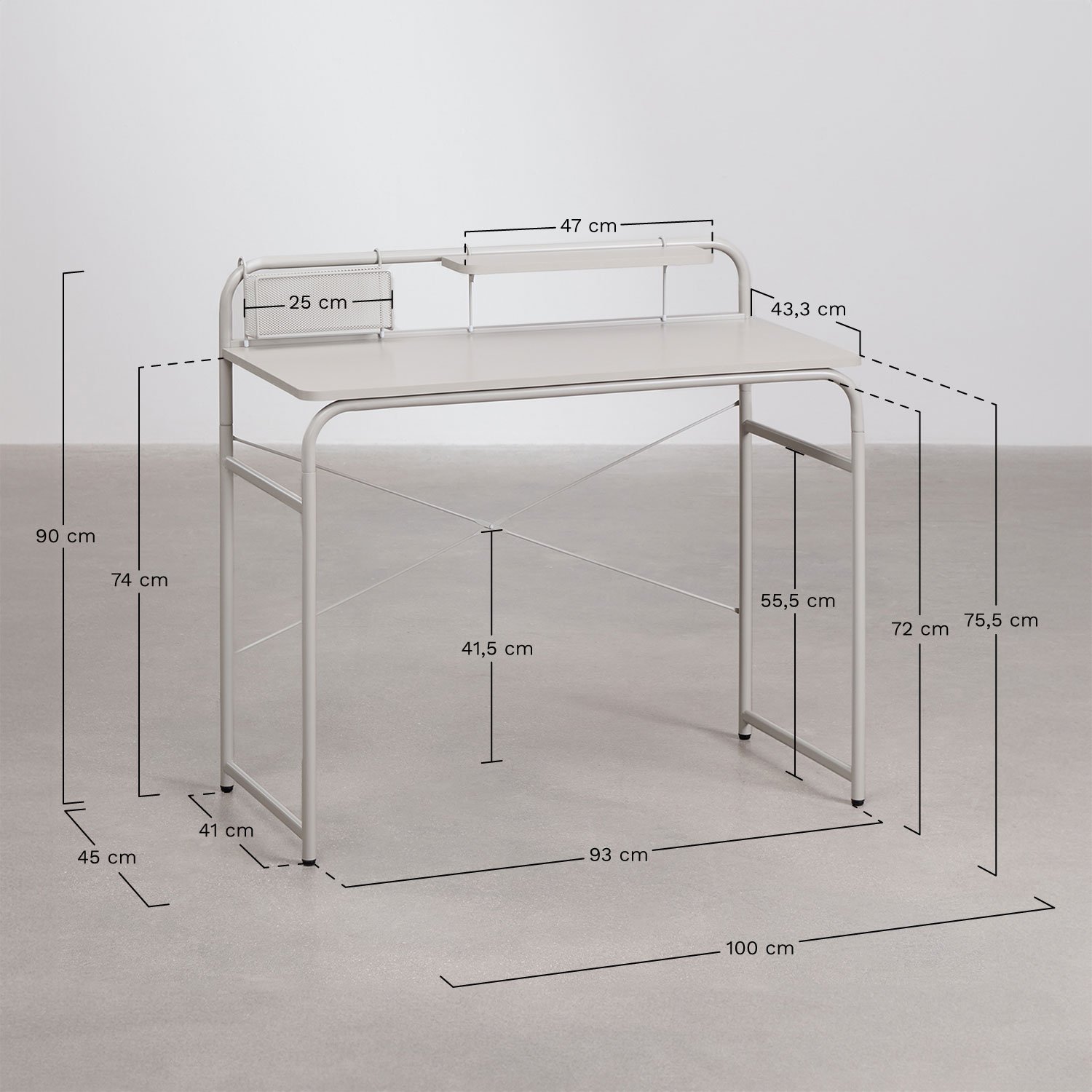 Bureau 100x45 cm en acier et bois Sibila, mesures
