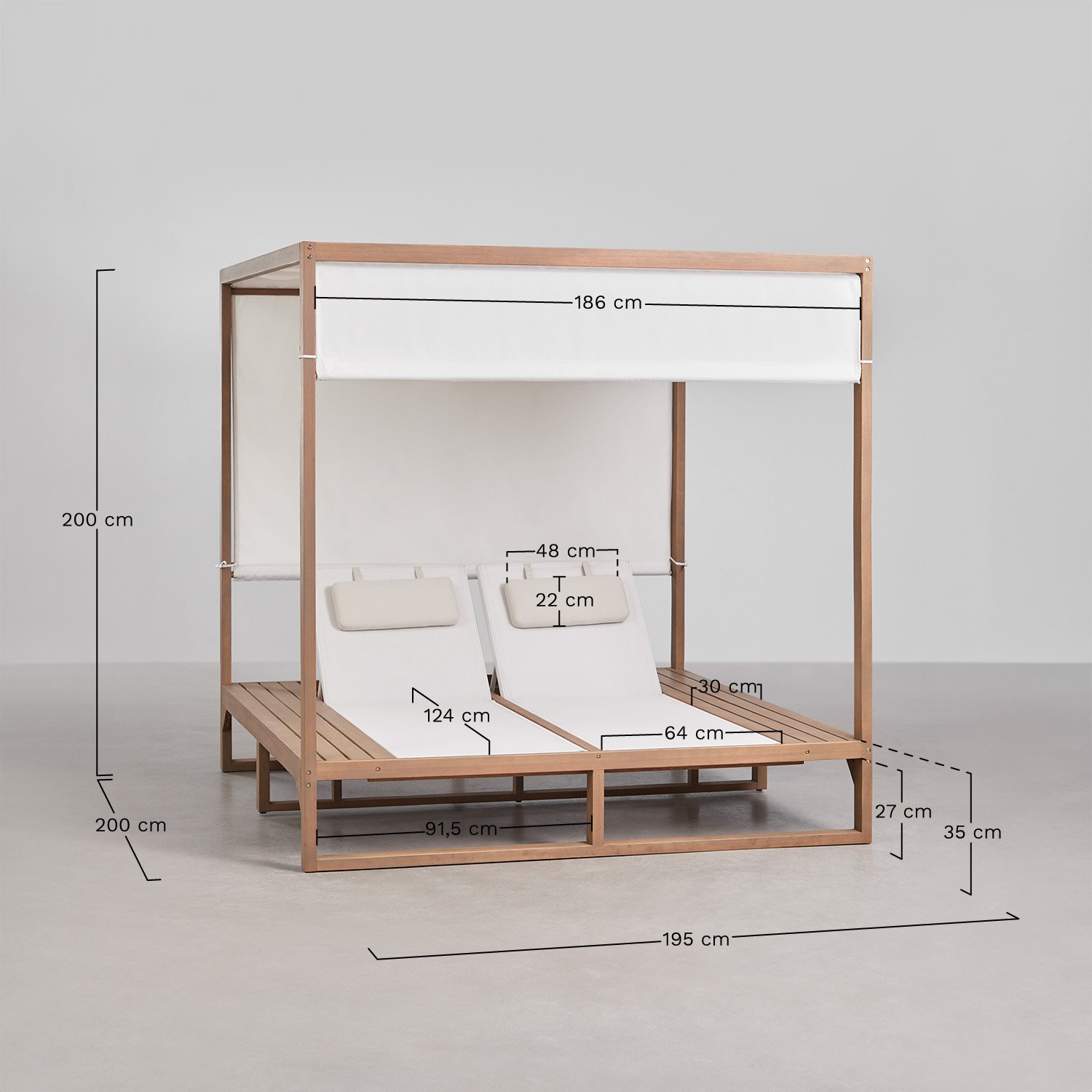 Lit balinais inclinable en bois d'eucalyptus Dune, mesures