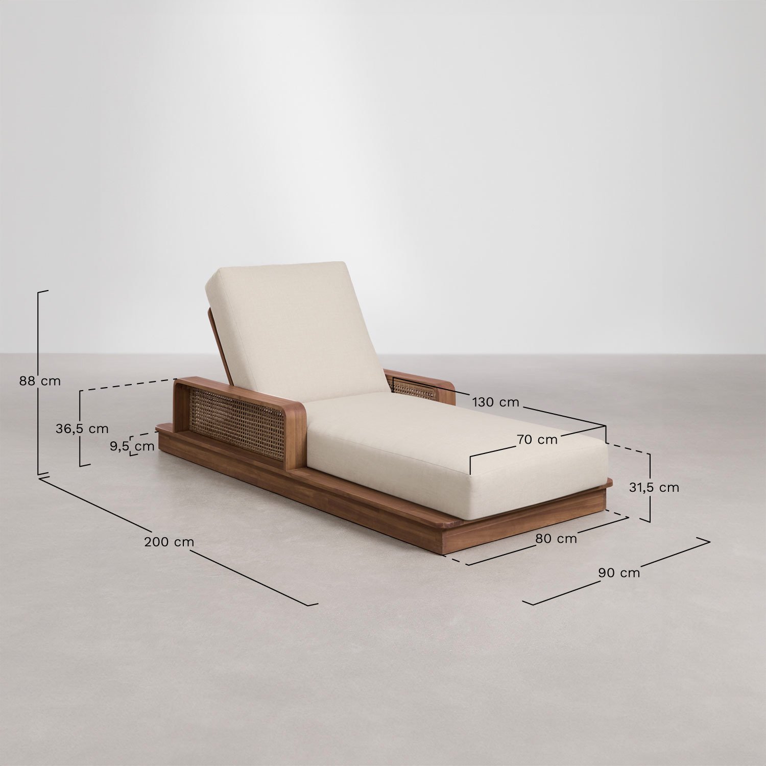 Chaise longue en bois d'acacia Noira, mesures