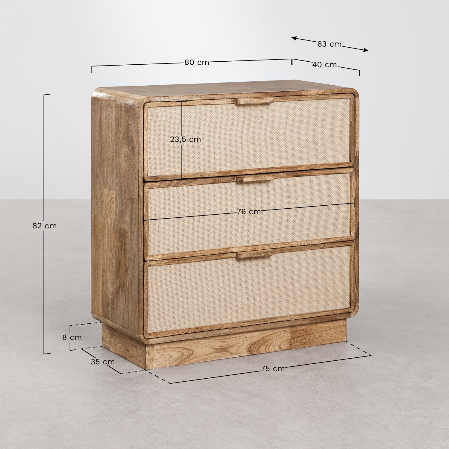 Commode en bois de manguier, MDF et jute Abrams, mesures