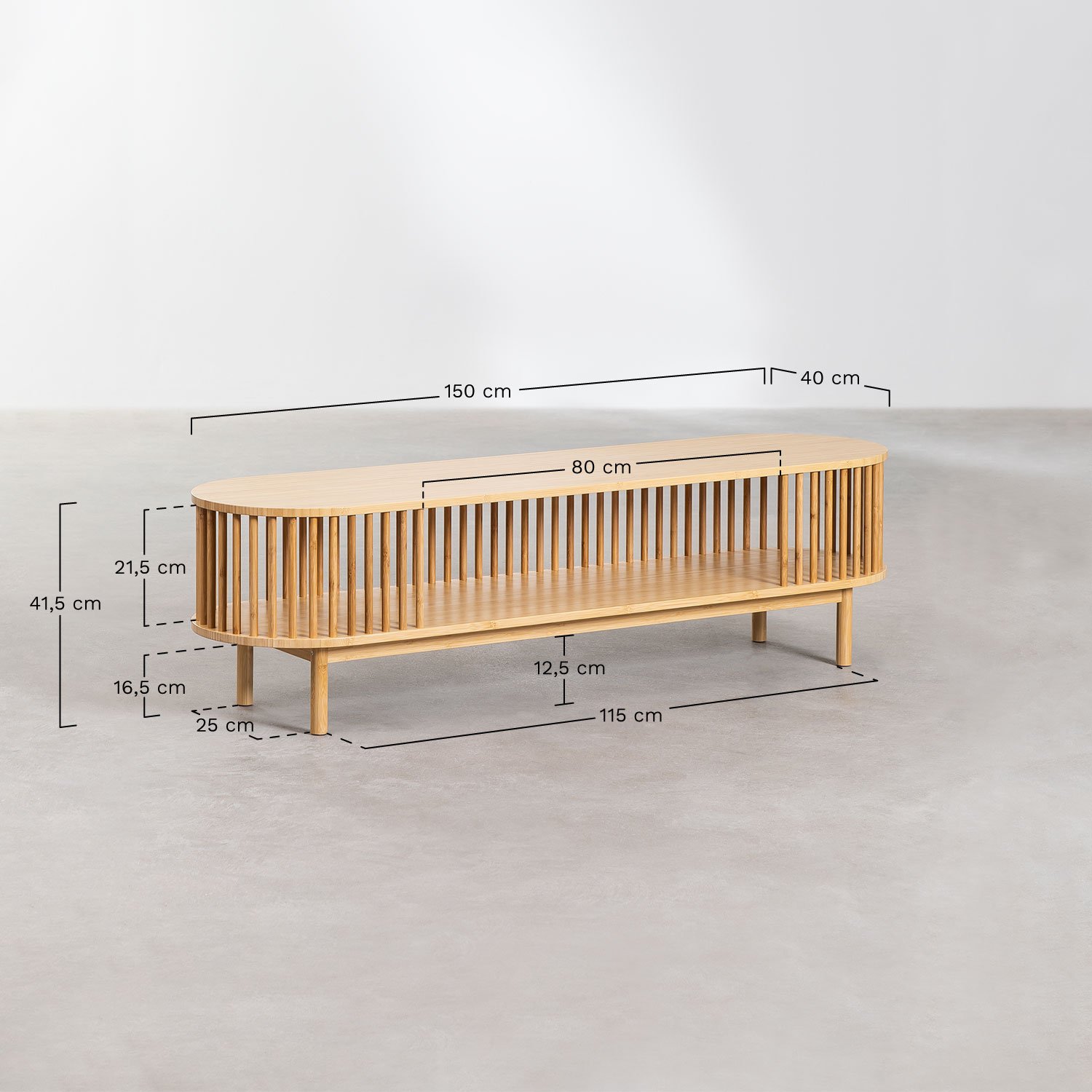 Meuble TV 150x40 cm en bambou Connery, mesures