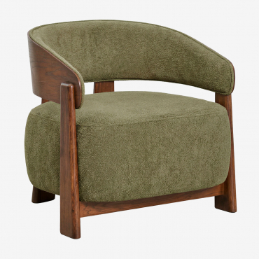 Fauteuil En Bois De Chêne Tapissé Olea Chêne Foncé Brun & Chenille Verte Army - Sklum