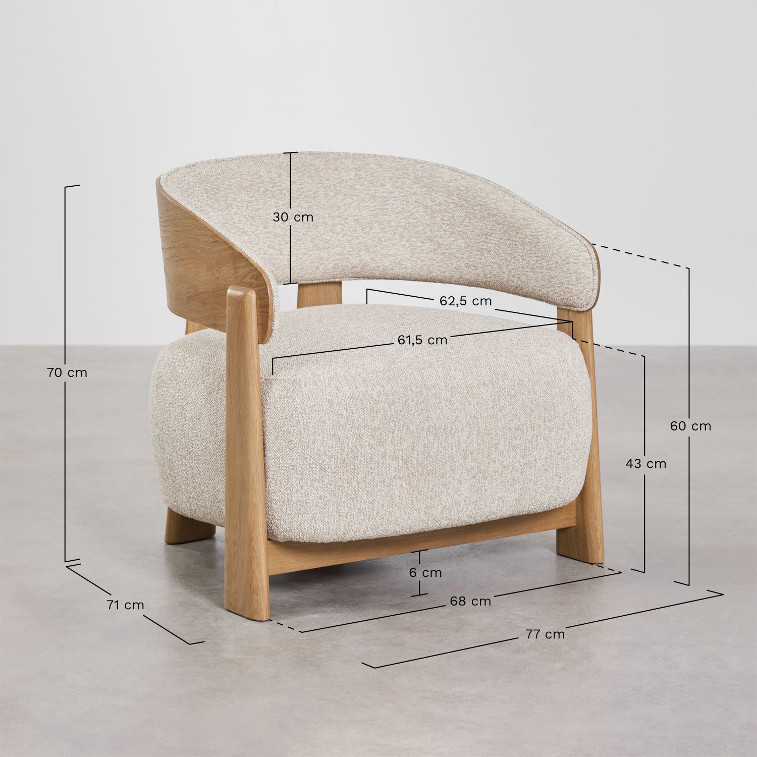 Fauteuil en bois de chêne tapissé Olea, mesures