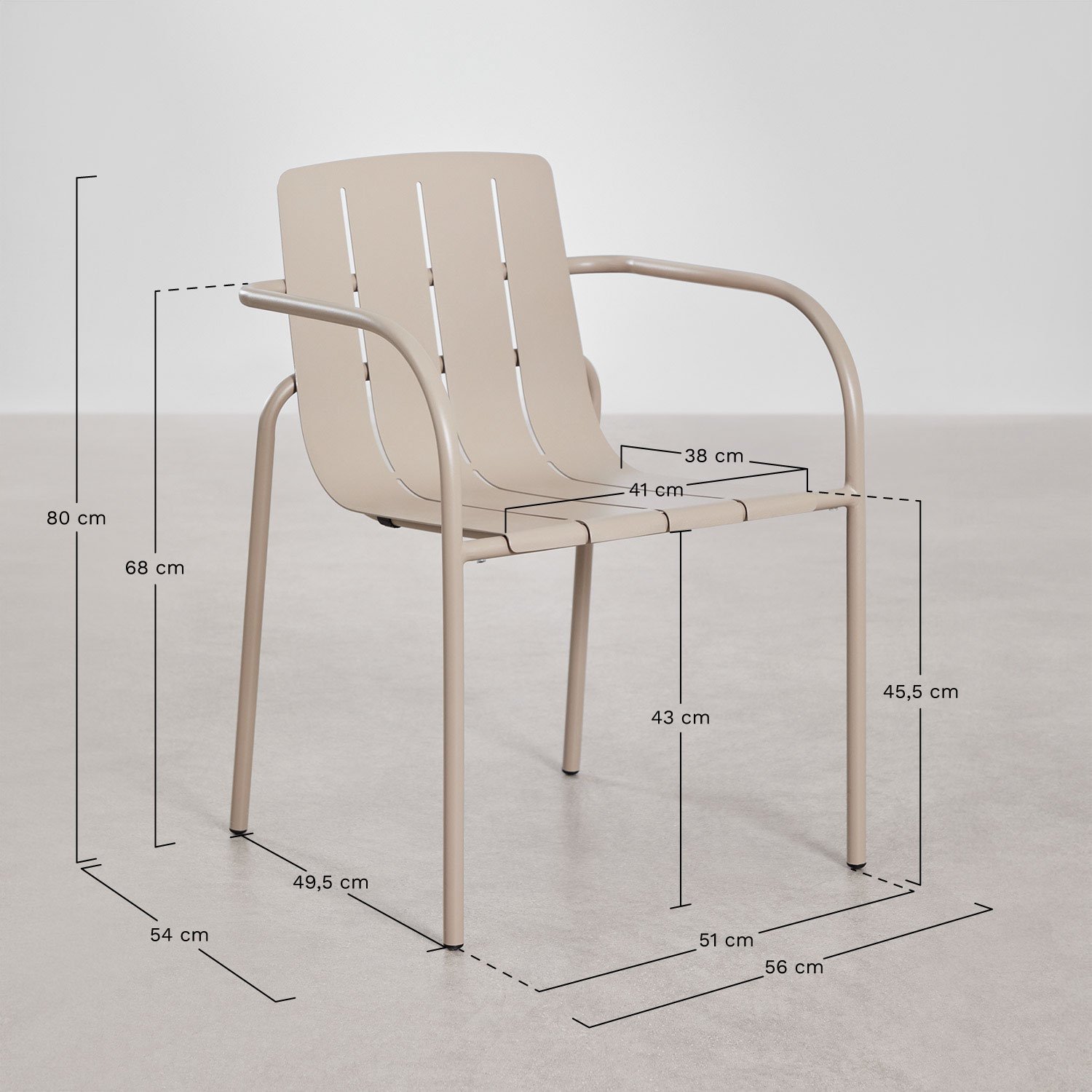Chaise de salle à manger empilable avec accoudoirs en acier Isoria, mesures