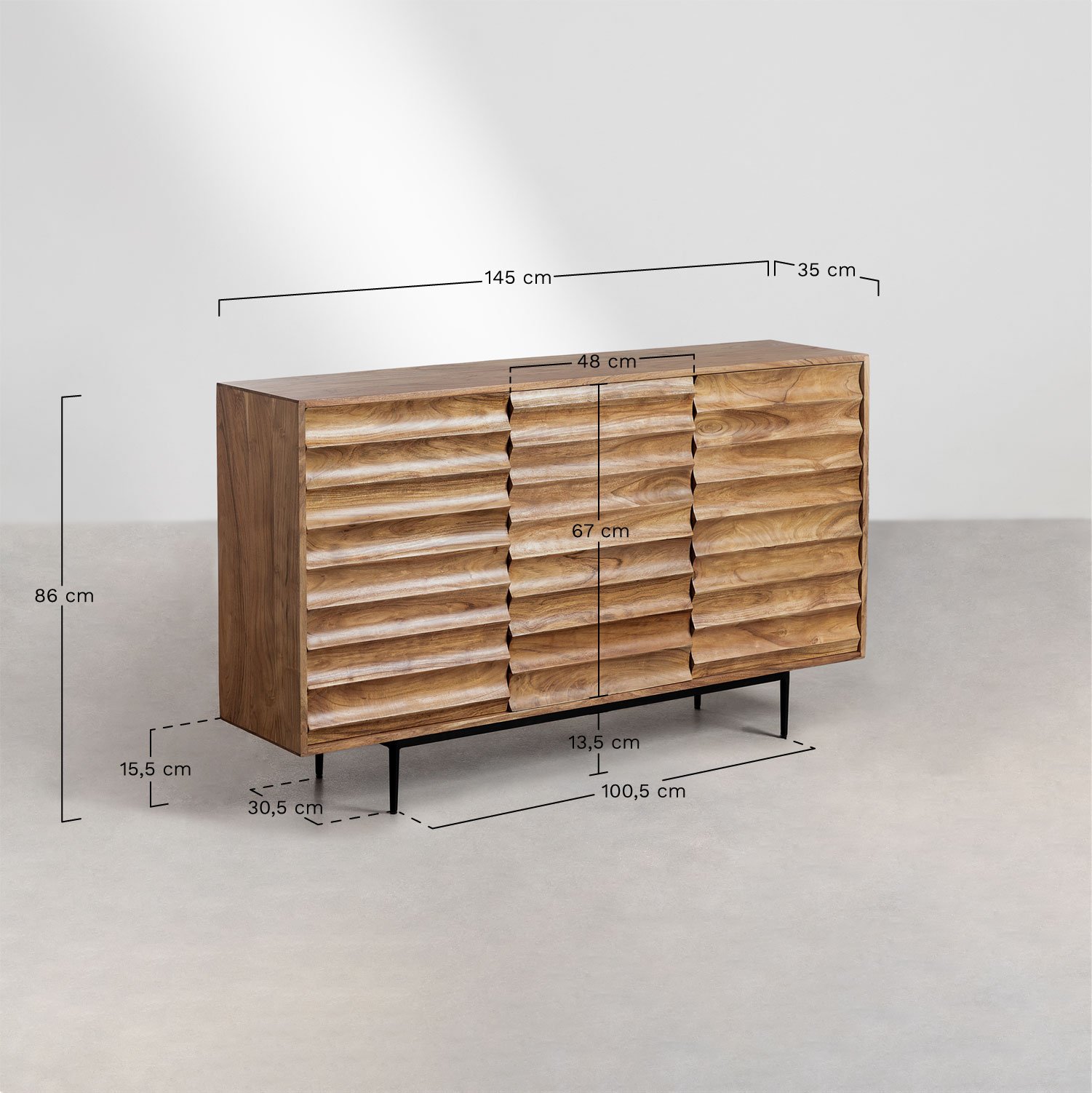 Buffet 145x35 cm en bois d'acacia Petter, mesures