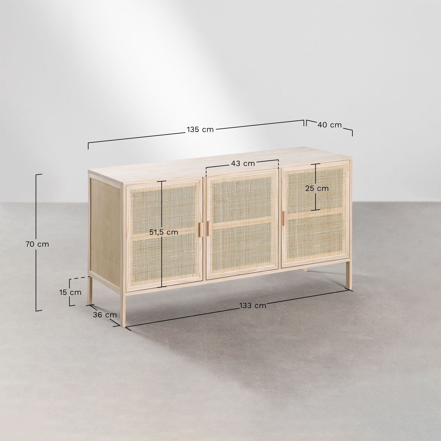 Buffet 135x40 cm en rotin et bois Reyna, mesures