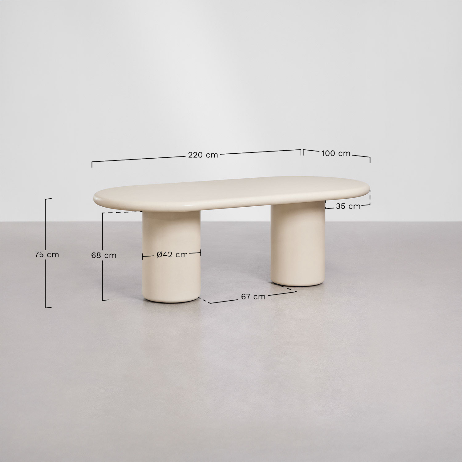 Table de meuble ovale 220x100 cm en ciment Namara, mesures