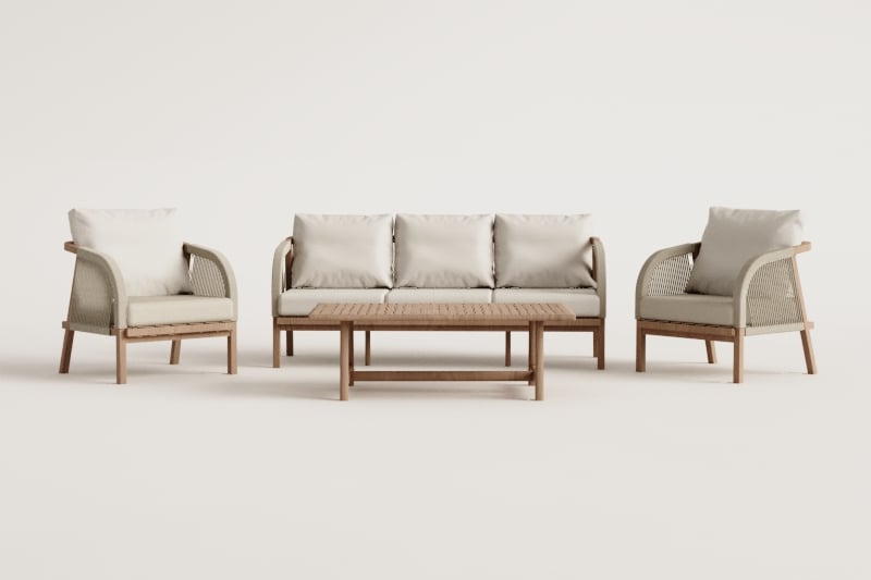 Ensemble de jardin avec canapé 3 places, 2 fauteuils et table basse en bois d'acacia Dubai