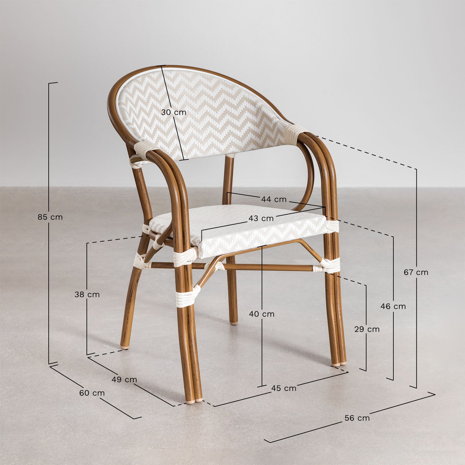 Lot de 4 chaises de jardin empilables en aluminium Brielle Bistro avec accoudoirs, mesures