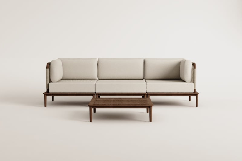 Ensemble de salon avec canapé modulaire de 3 pièces, 2 fauteuils d'angle et table basse en acacia Giulia