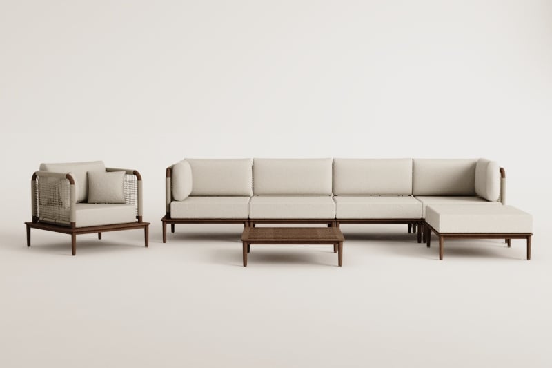 Ensemble de jardin avec canapé modulaire 4 pièces avec 2 fauteuils d'angle, table basse, pouf et fauteuil en acacia Giulia