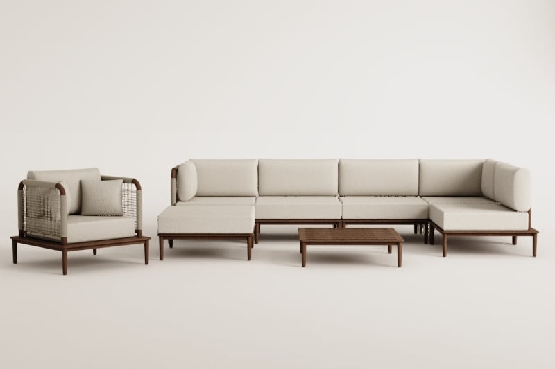 Ensemble de salon avec canapé d'angle modulaire 5 pièces, table basse, pouf et fauteuil en acacia Giulia