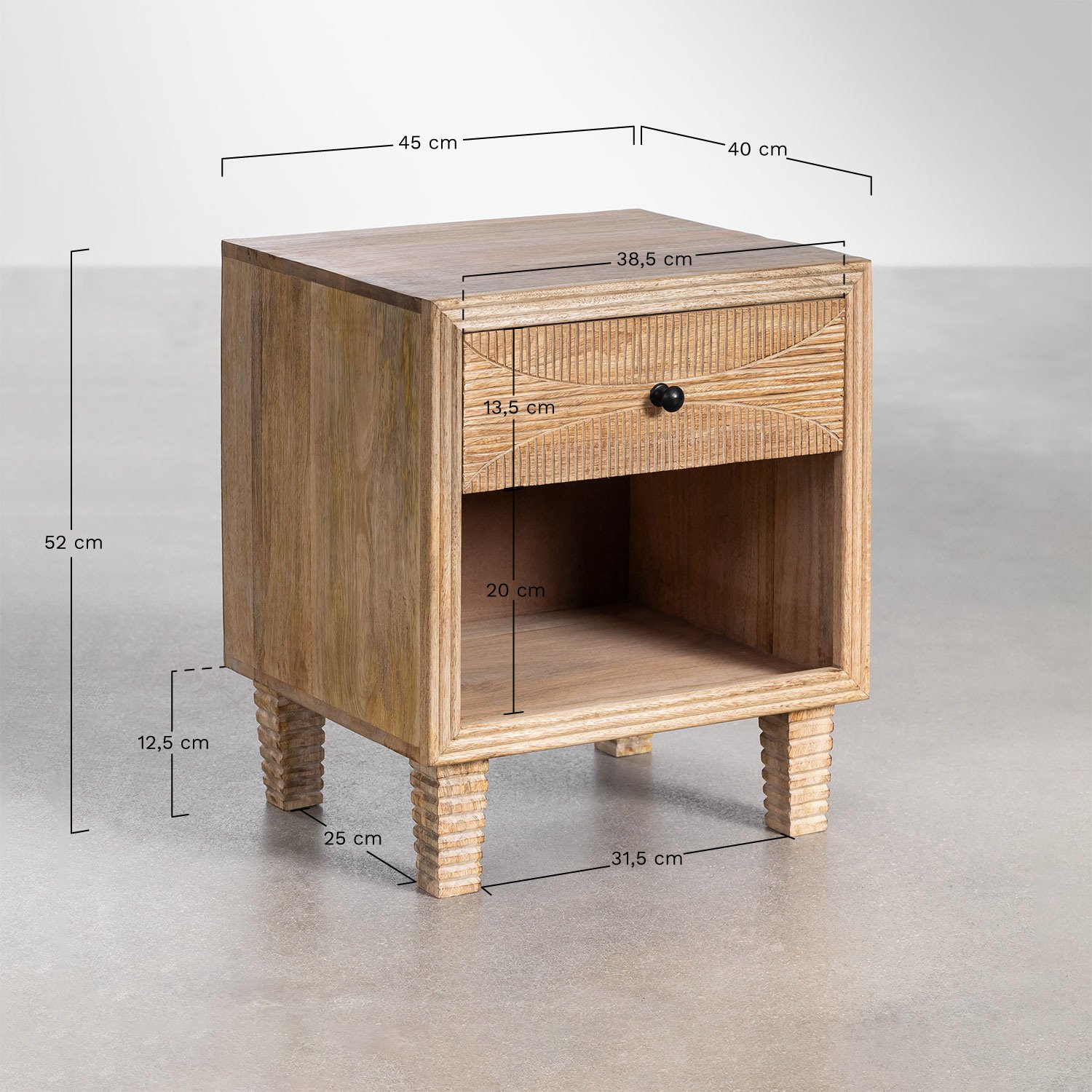 Table de chevet rectangulaire 45x40 cm en bois de manguier Marani, mesures