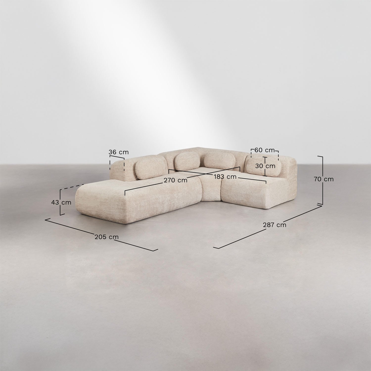 Canapé d'angle modulaire 3 pièces avec méridienne gauche en chenille emballé sous vide Merida, mesures