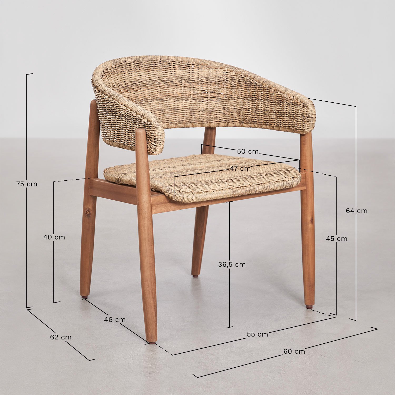 Pack de 2 chaises de salle à manger avec accoudoirs en bois d'acacia et rotin synthétique Ribeira, mesures