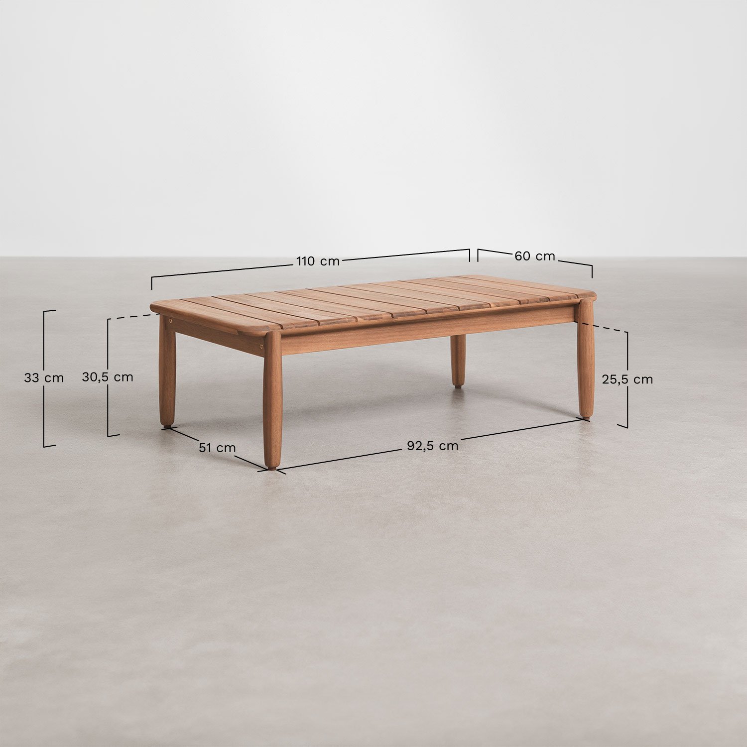 Ensemble de jardin avec canapé 3 places, 2 fauteuils et table basse en bois d'acacia Ribeira, mesures