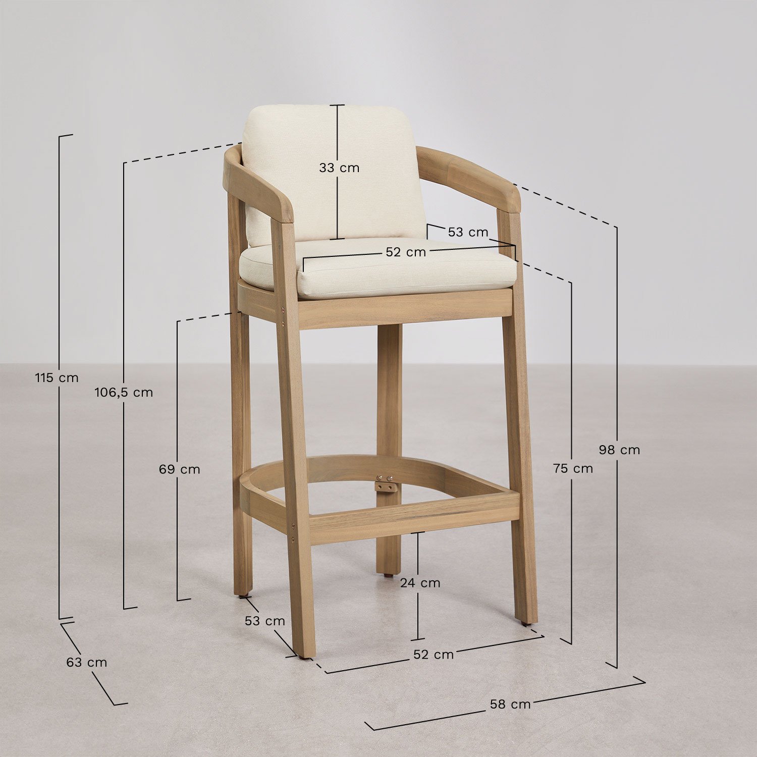 Tabouret de jardin haut en bois d'acacia Uleno, mesures