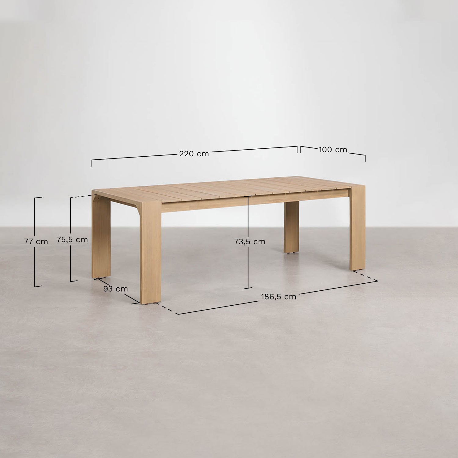 Set de table rectangulaire 220x100 cm en bois d'acacia Mirelen et 8 chaises de jardin en bois d'acacia et tissu bouclé Kandroa, mesures