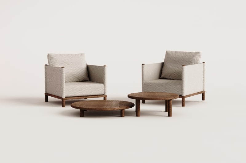 Ensemble de salon avec 2 fauteuils et 2 tables basses rondes en bois d'acacia Olivia