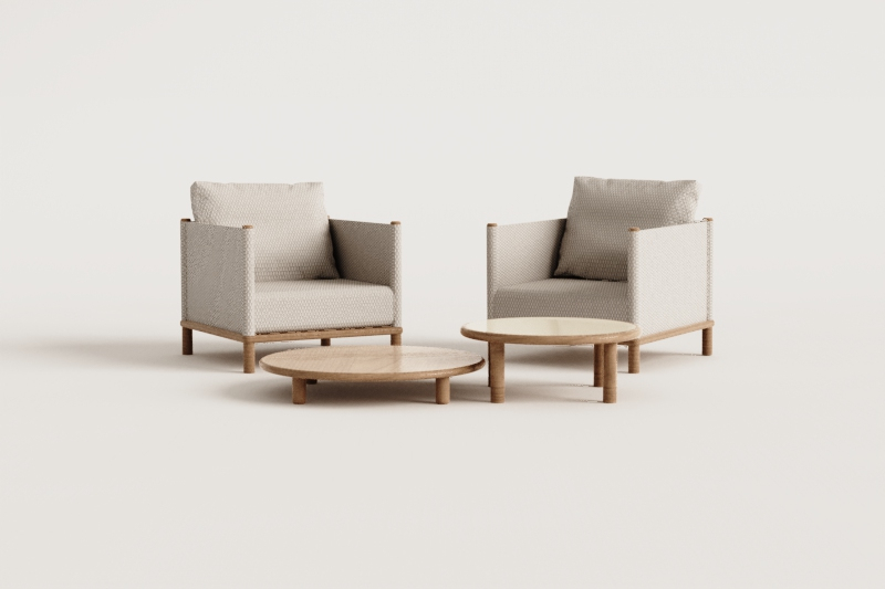 Ensemble de salon avec 2 fauteuils et 2 tables basses rondes en bois d'acacia Olivia