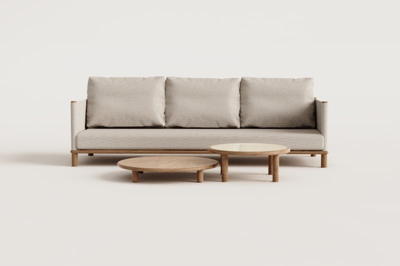 Ensemble de jardin avec canapé 3 places et 2 tables basses rondes en bois d'acacia Olivia