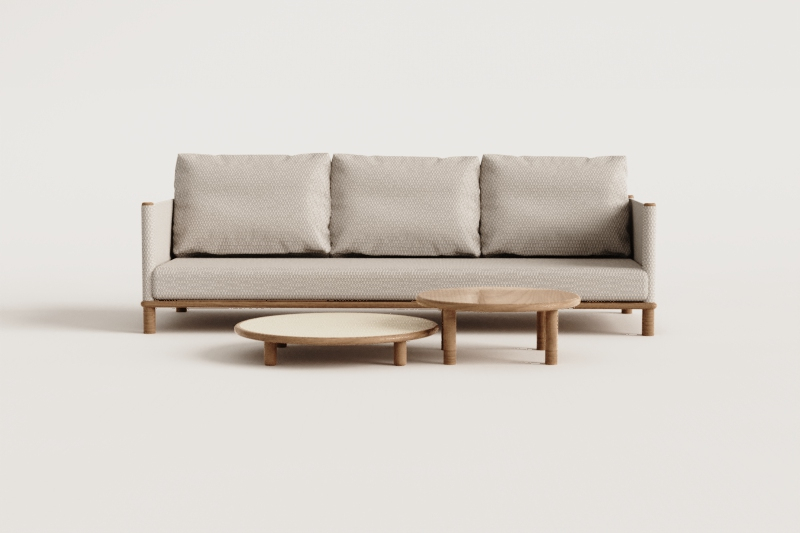 Ensemble de salon avec canapé 3 places et 2 tables basses rondes en bois d'acacia Olivia