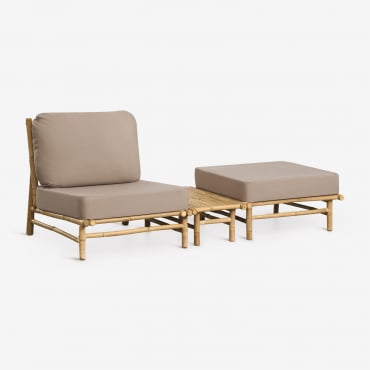 Ensemble De Jardin Avec Fauteuil, Pouf Et Table D'appoint Rectangulaire 75x40 Cm En Bambou Isendra Tissu Marron Moka - Sklum