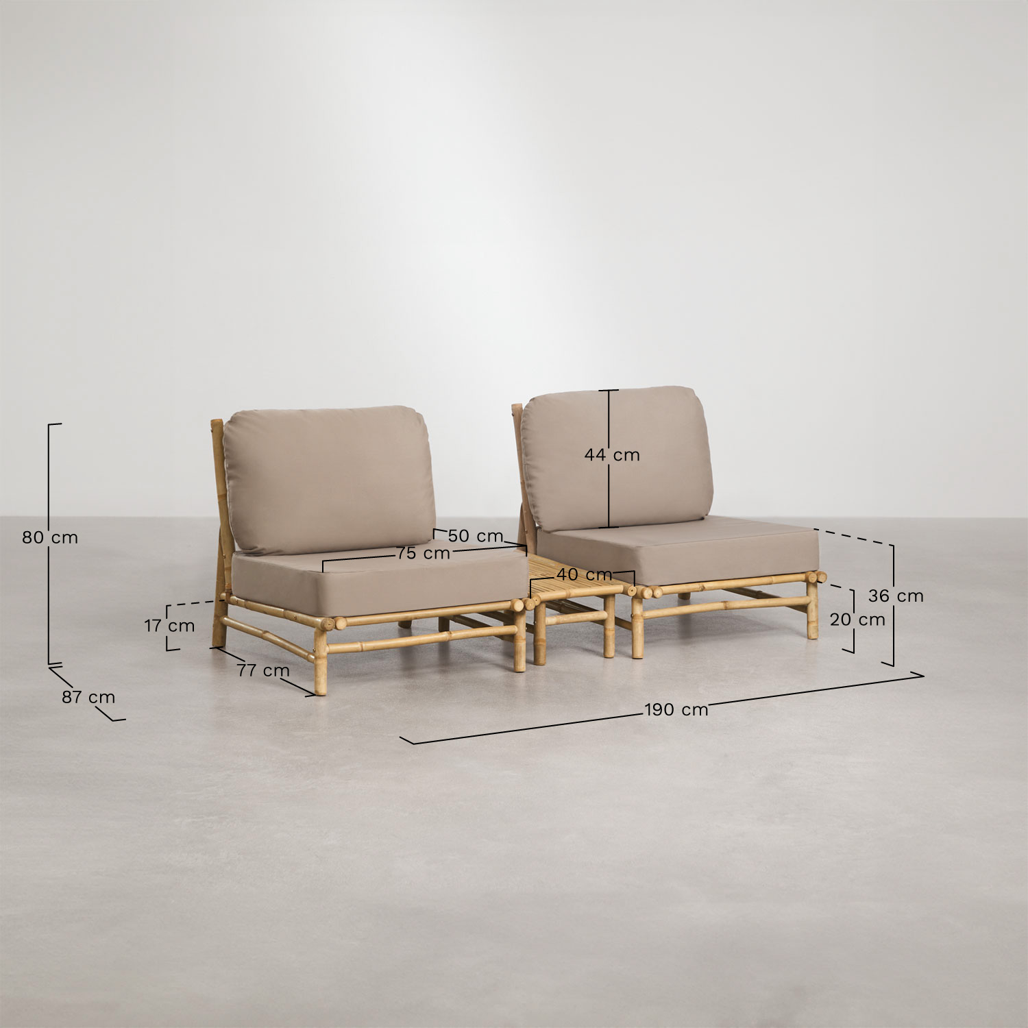 Ensemble de jardin avec 2 fauteuils et table d'appoint rectangulaire en bambou Isendra, mesures