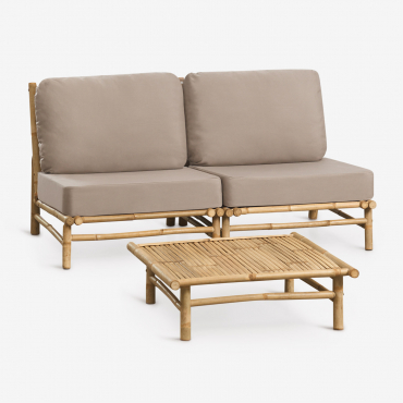 Ensemble De Jardin Avec Canapé Modulaire 2 Pièces Et Table Basse Carrée 75x75 Cm En Bambou Isendra Tissu Marron Moka - Sklum