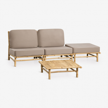 Ensemble De Jardin Avec Canapé Modulaire 2 Pièces, Pouf Et Table Basse Carrée 75x75 Cm En Bambou Isendra Tissu Marron Moka - Sklum