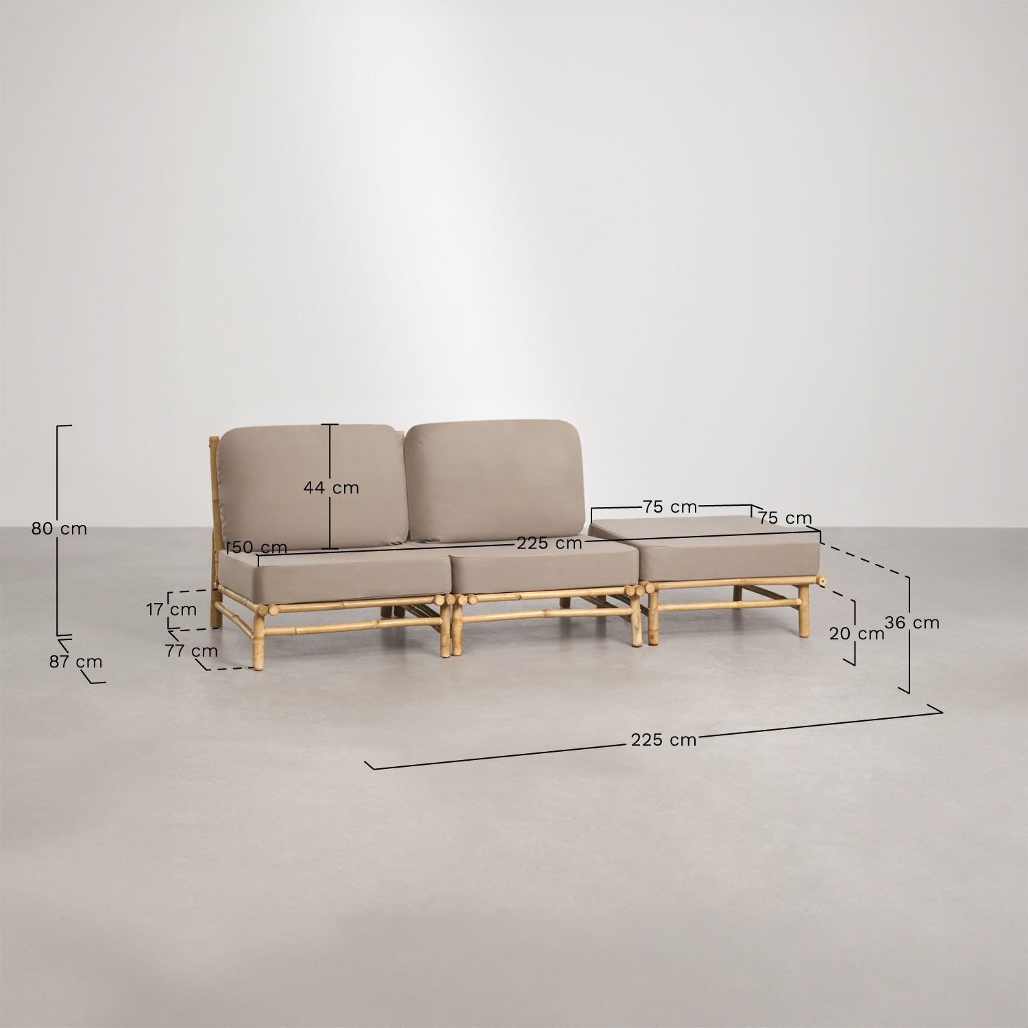 Ensemble de jardin avec canapé modulaire 2 pièces, pouf et table basse carrée 75x75 cm en bambou Isendra, mesures