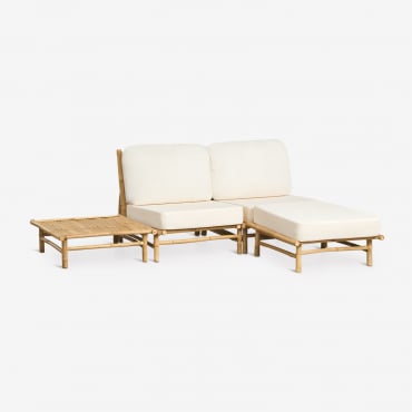 Ensemble De Jardin Avec Canapé Modulaire 2 Pièces, Pouf Et Table Basse Carrée En Bambou Isendra Tissu Blanc - Sklum
