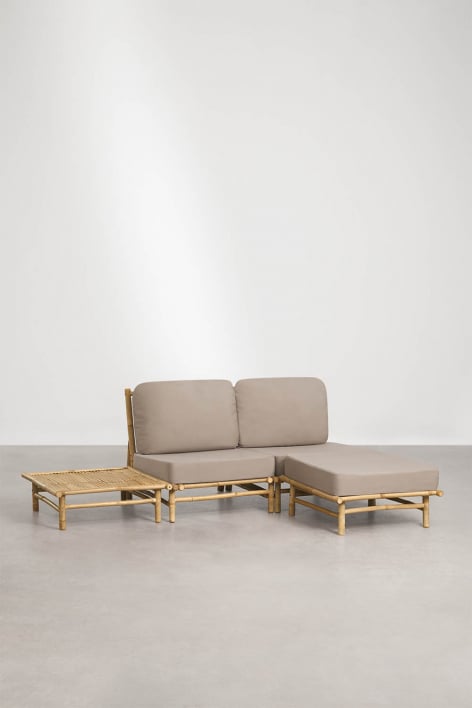 Ensemble de jardin avec canapé modulaire 2 pièces, pouf et table basse carrée en bambou Isendra - Tissu marron moka