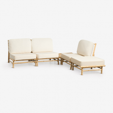 Ensemble De Jardin Avec Canapé Modulaire 3 Pièces, Pouf Et Table Basse Carrée 75x75 Cm En Bambou Isendra Tissu Blanc - Sklum