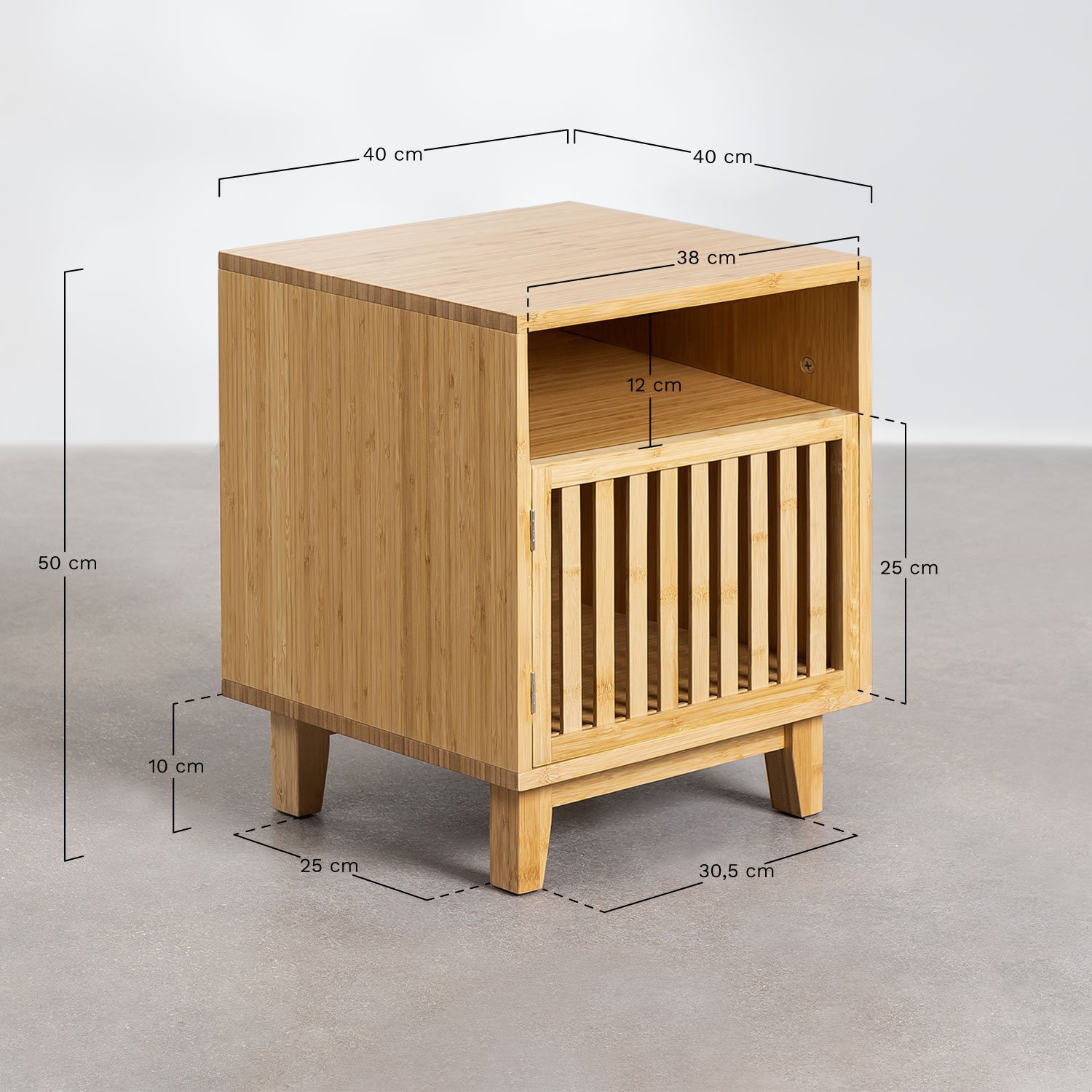 Table de chevet carrée 40x40 cm en bambou Albin, mesures