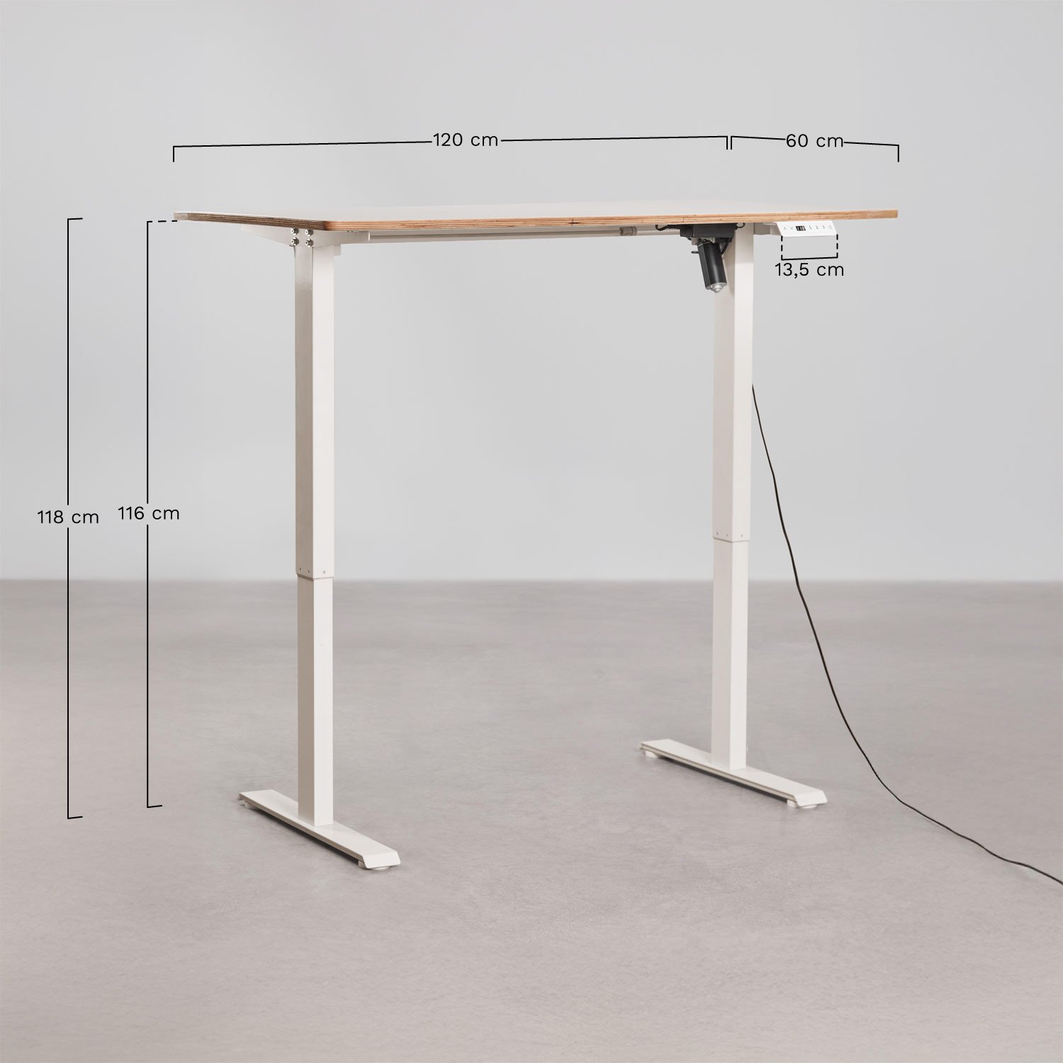 Bureau électrique rectangulaire réglable en hauteur avec fonction mémoire en bois et fer Serpi, mesures