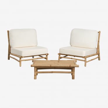 Ensemble De Jardin Avec 2 Fauteuils Et Table D'appoint Rectangulaire 75x40 Cm En Bambou Isendra Tissu Blanc - Sklum