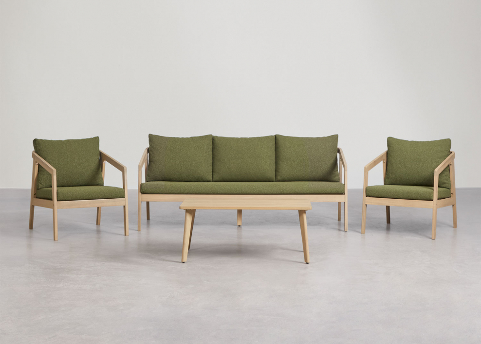 Ensemble de salon en bois d'acacia Kaela - Bouclé Vert Sauge