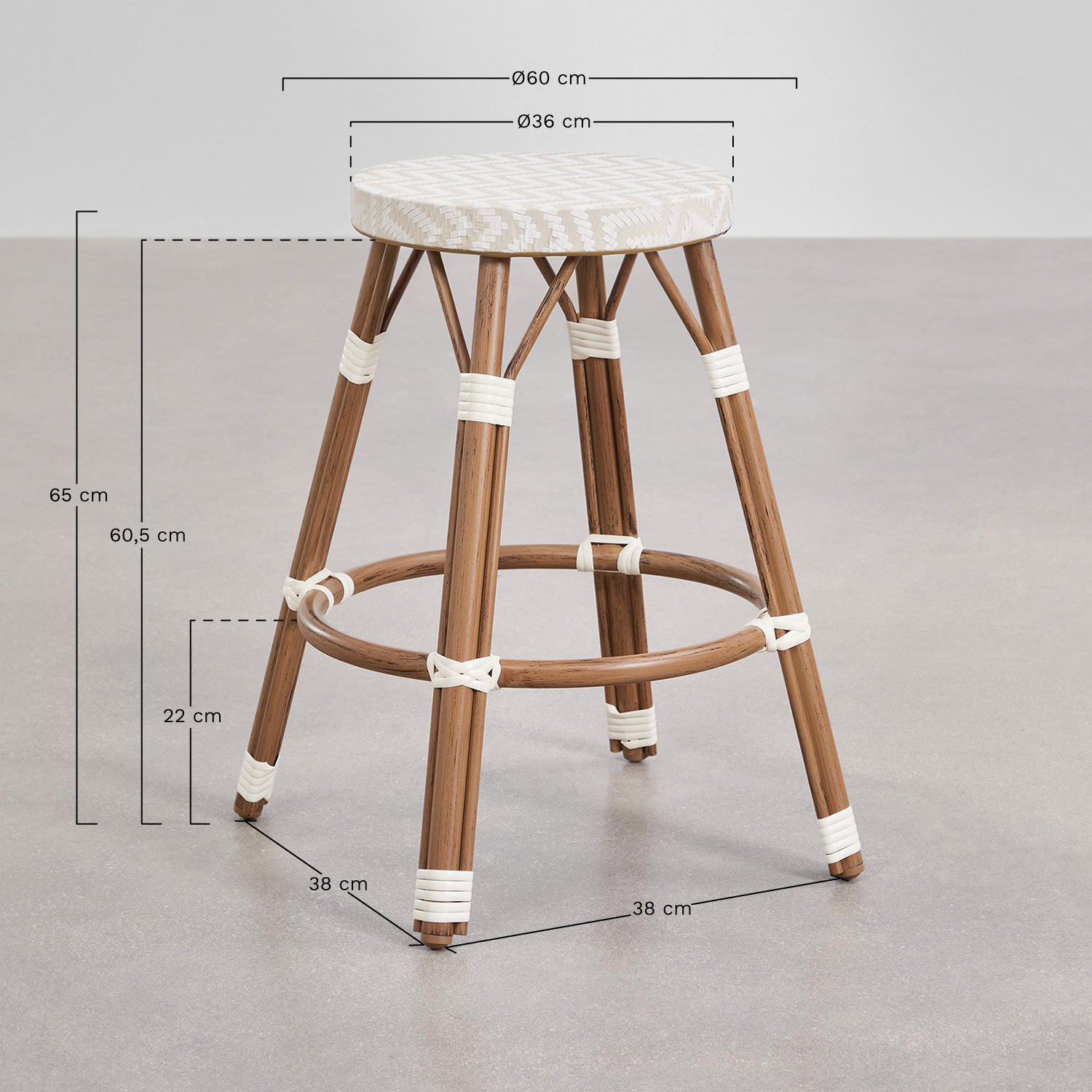 Tabouret haut en aluminium et rotin synthétique Brielle Bistro, mesures