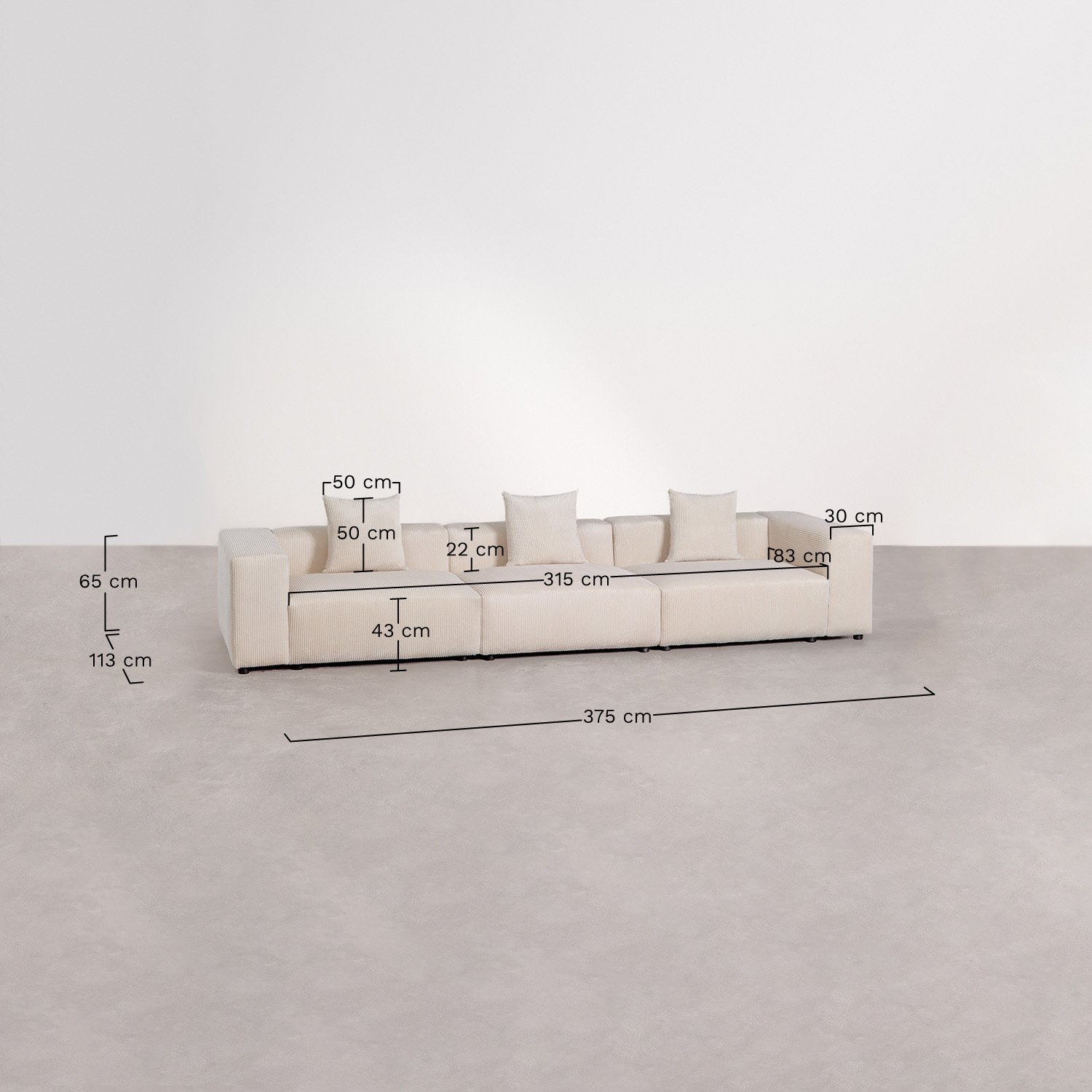 Canapé modulaire 3 pièces ↔︎375 cm avec accoudoir haut Bruna, mesures