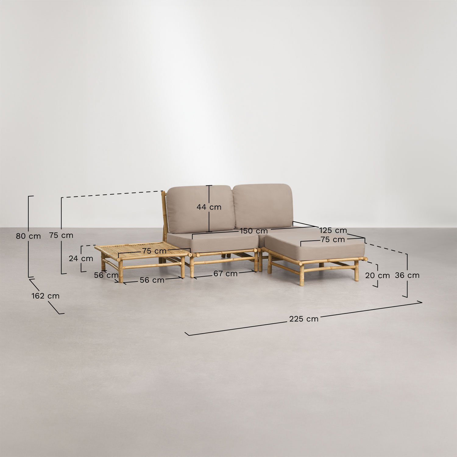 Ensemble de jardin avec canapé modulaire 2 pièces, pouf et table basse carrée en bambou Isendra, mesures