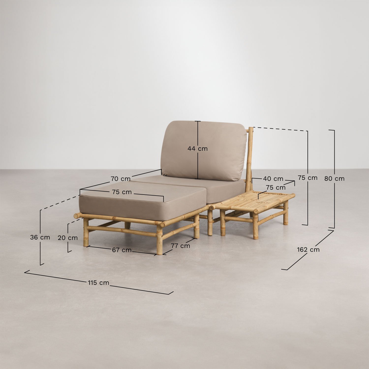 Ensemble de jardin avec fauteuil, pouf et table d'appoint rectangulaire en bambou Isendra, mesures