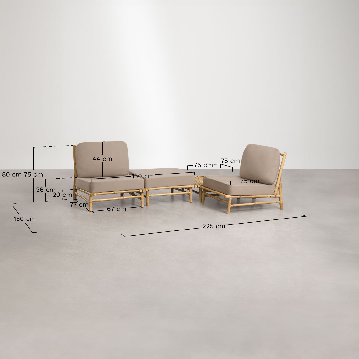 Ensemble de jardin avec 2 fauteuils, pouf et table basse carrée 75x75 cm en bambou Isendra, mesures