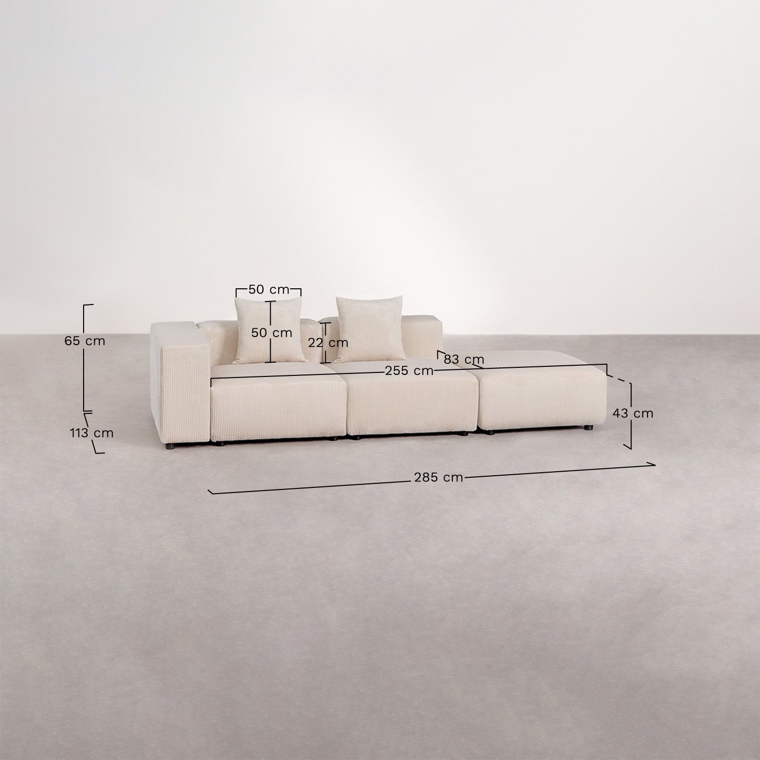 Canapé d'angle modulaire gauche 2 pièces avec accoudoir haut et pouf ↔︎285 cm Bruna, mesures