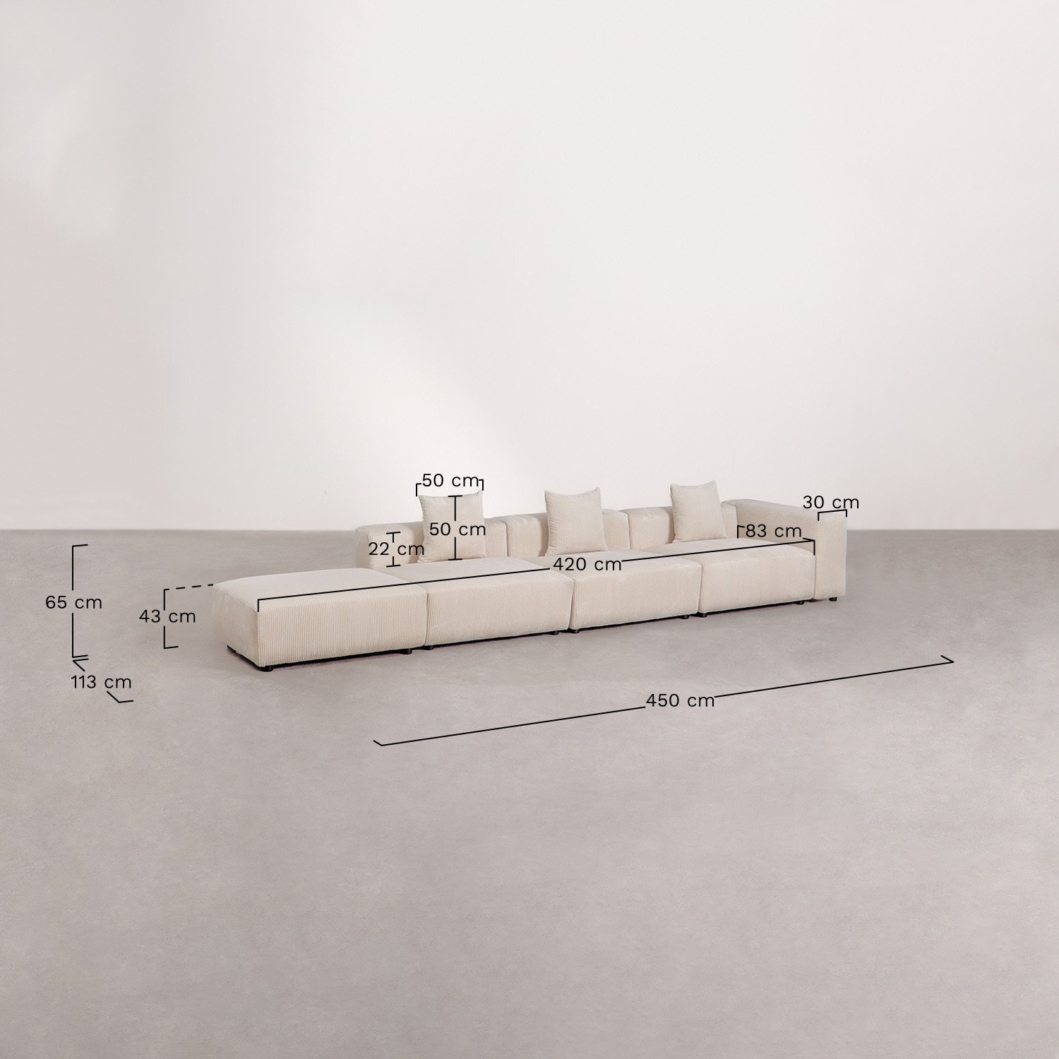 Canapé d'angle modulaire droit 3 pièces avec accoudoir haut et pouf ↔︎450 cm Bruna, mesures