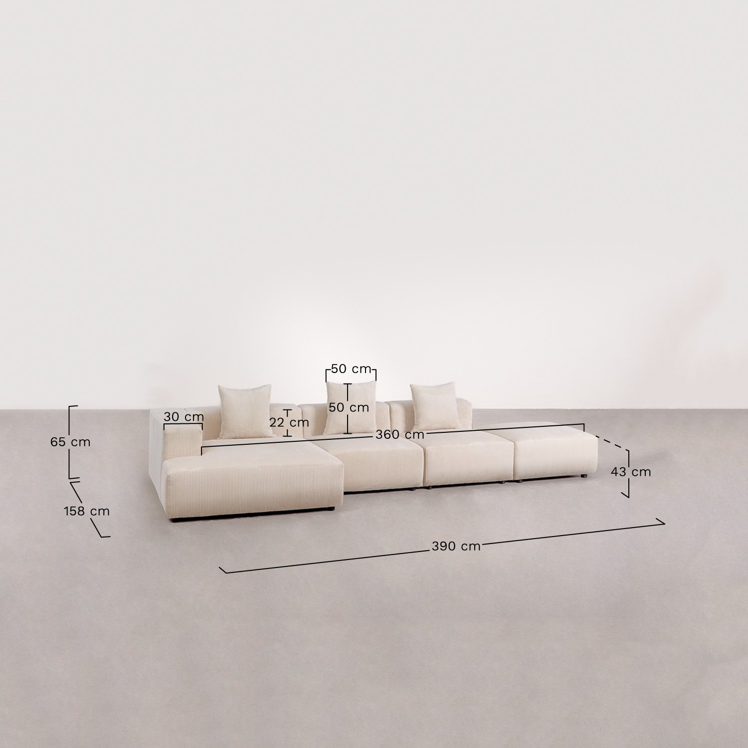 Canapé modulaire avec méridienne d'angle gauche 3 pièces avec pouf ↔︎390 cm Bruna, mesures