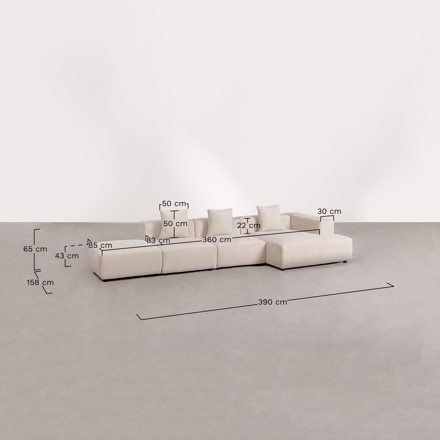 Canapé modulaire avec méridienne d'angle droit 3 pièces avec pouf ↔︎390 cm Bruna, mesures