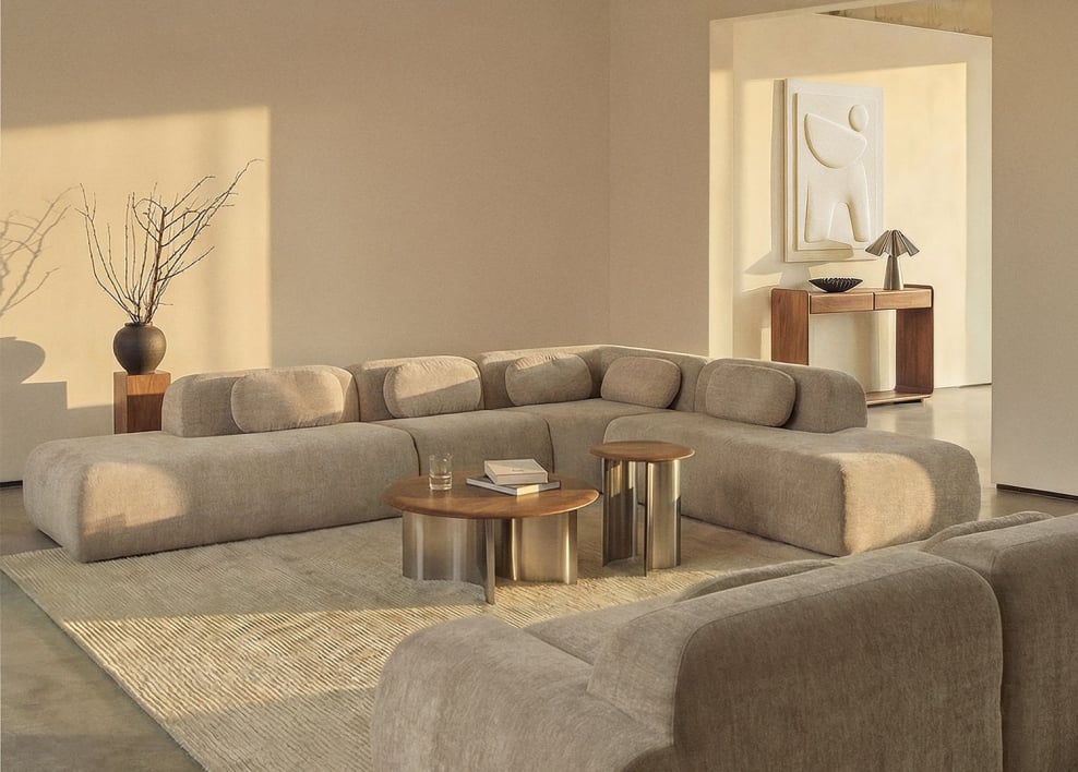 Canapé d'angle modulaire 4 pièces avec double méridienne en chenille emballé sous vide Merida