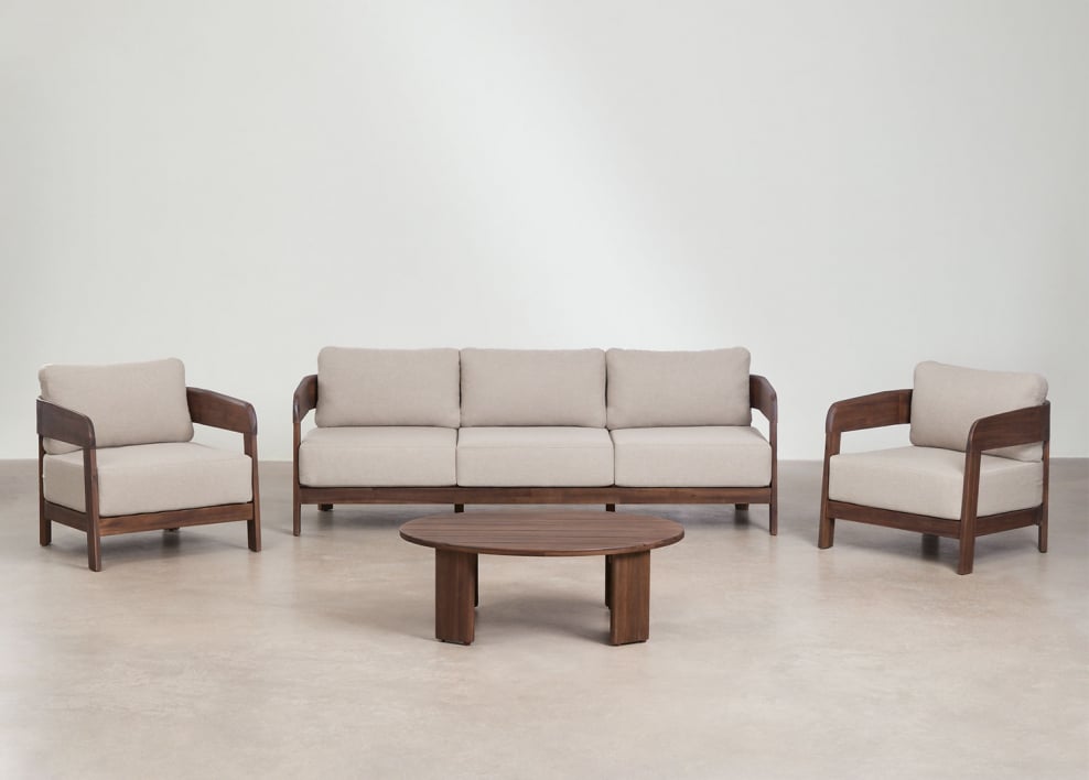 Ensemble de salon avec canapé 3 places, 2 fauteuils et table basse en bois d'acacia Uleno - Brun Acacia foncé